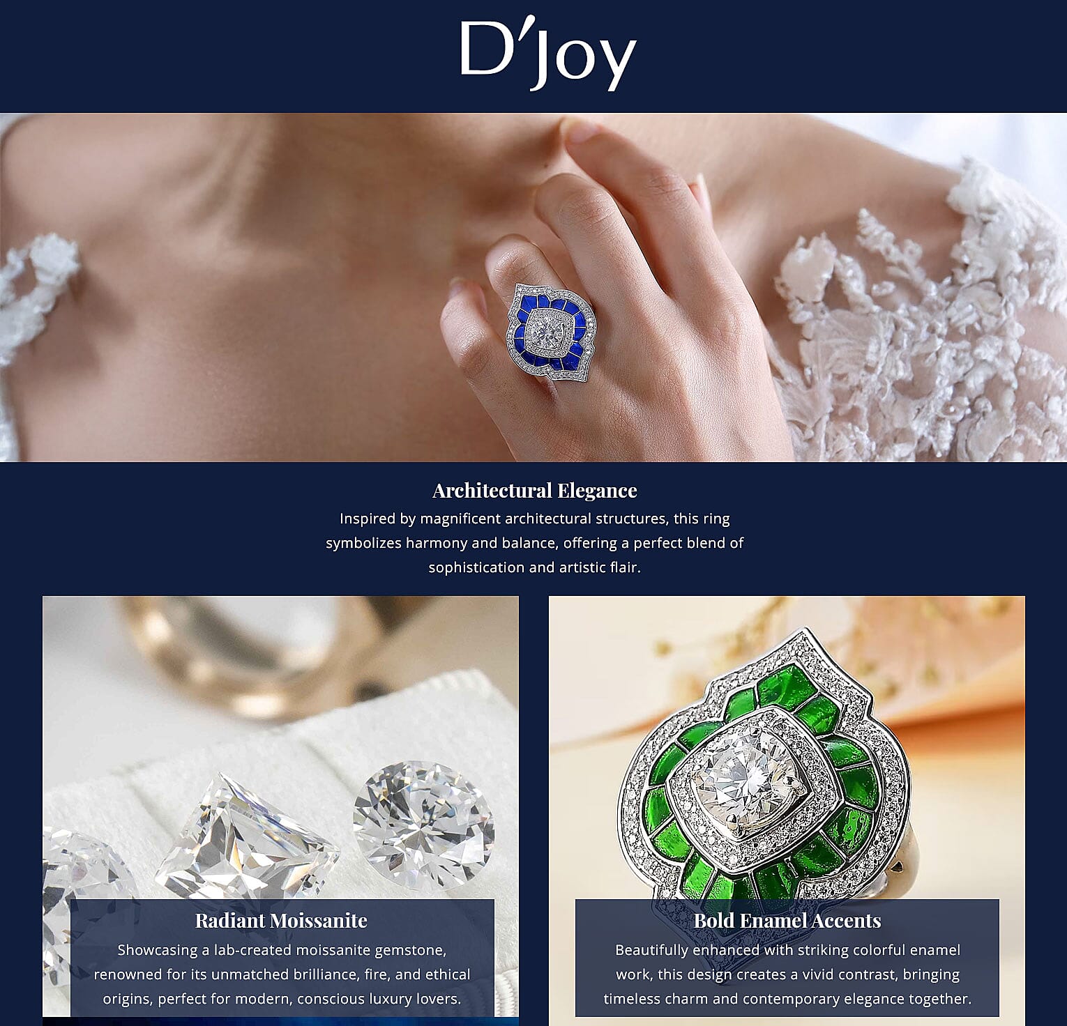 D'Joy Moissanite 2.70 ctw and Blue Enameled Ring in Platinum Over Sterling Silver Banner