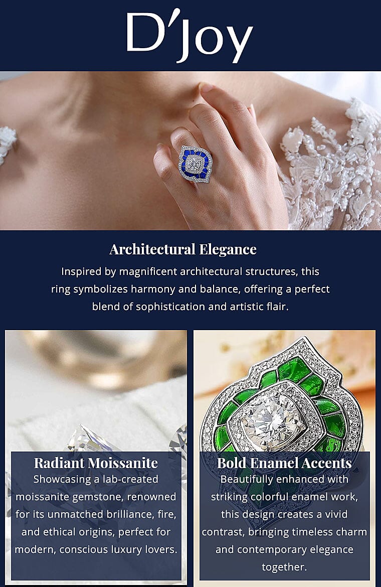 D'Joy Moissanite 2.70 ctw and Blue Enameled Ring in Platinum Over Sterling Silver Banner