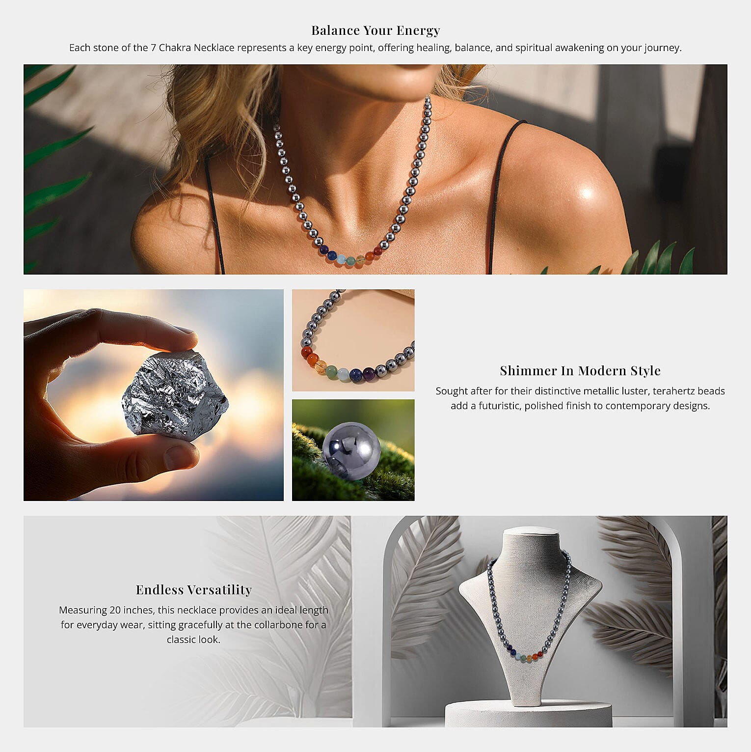 Seven Chakra Terahertz Beaded Necklace in Rhodium Over Sterling Silver Banner