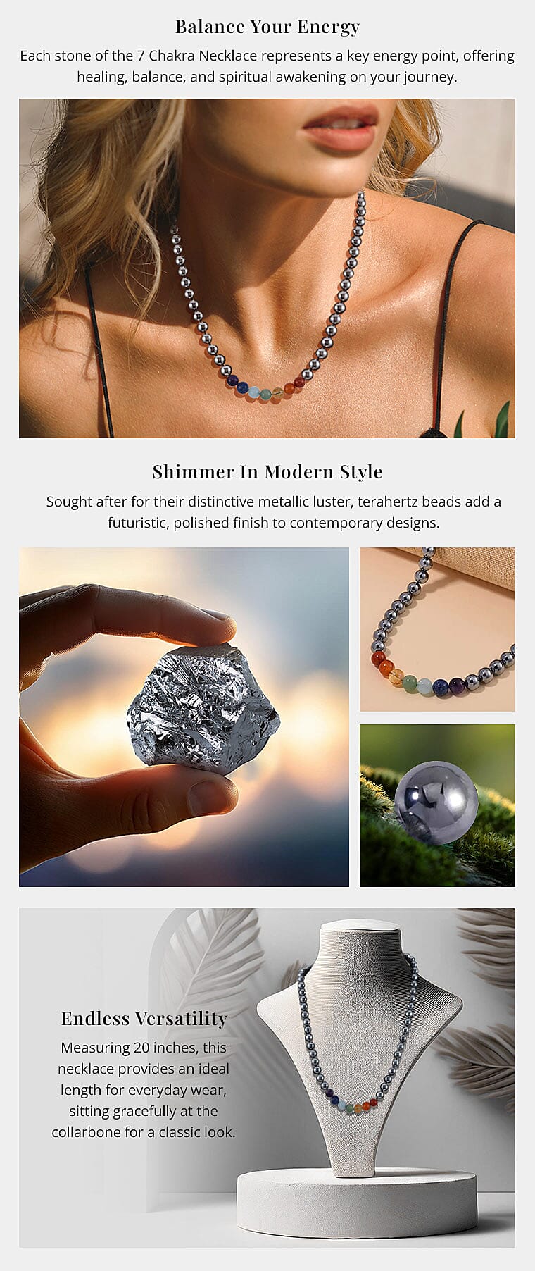 Seven Chakra Terahertz Beaded Necklace in Rhodium Over Sterling Silver Banner