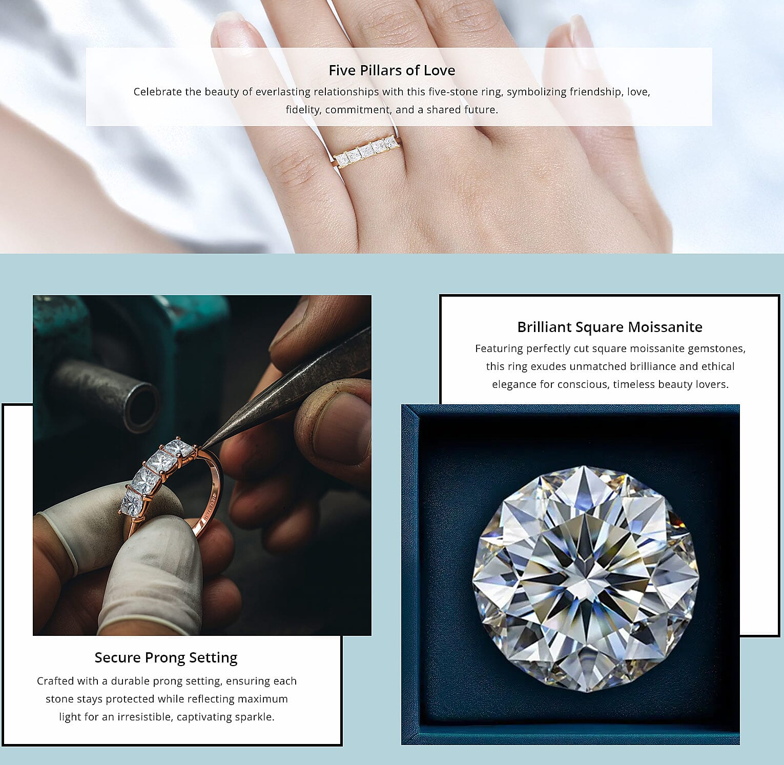 Moissanite 5 Stone Ring in Vermeil RG Over Sterling Silver 0.75 ctw Banner