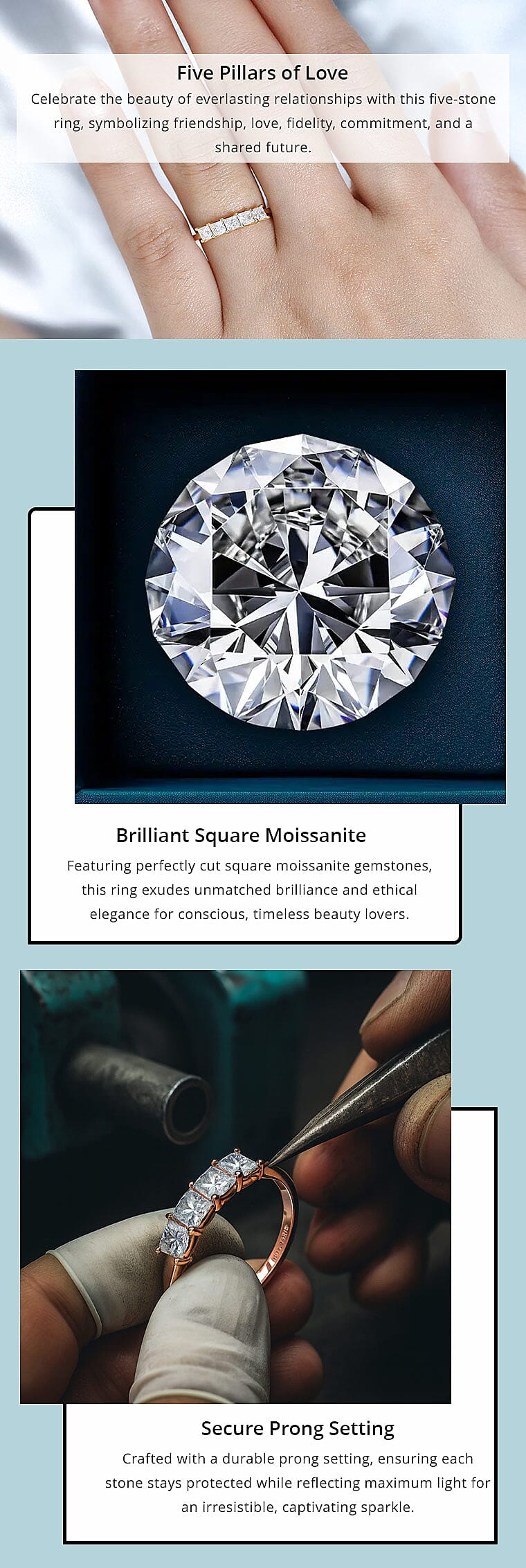 Moissanite 5 Stone Ring in Vermeil RG Over Sterling Silver 0.75 ctw Banner