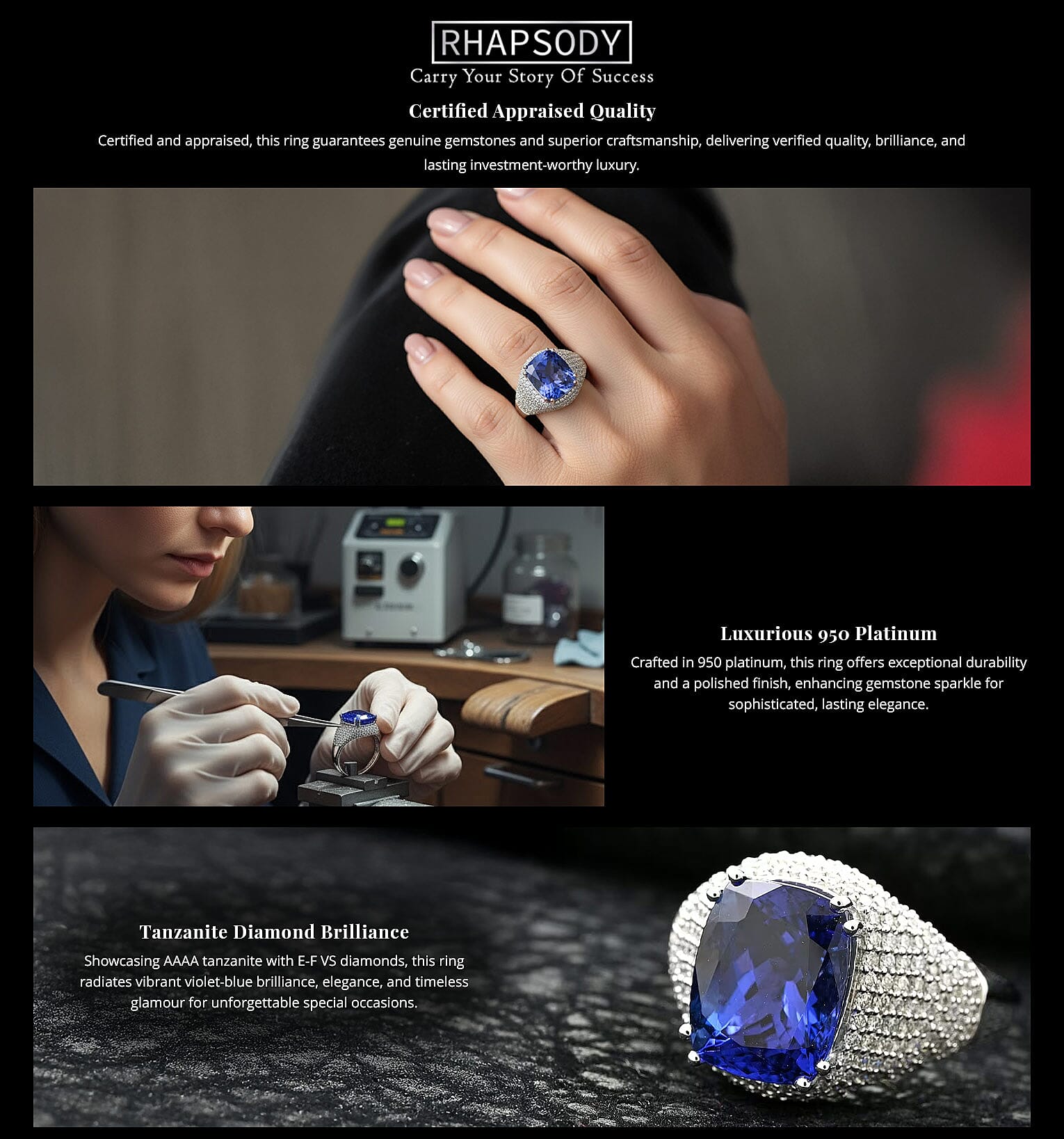Certified & Appraised Rhapsody 950 Platinum AAAA Tanzanite and E-F VS Diamond Ring 9.35 Grams 6.65 ctw Banner