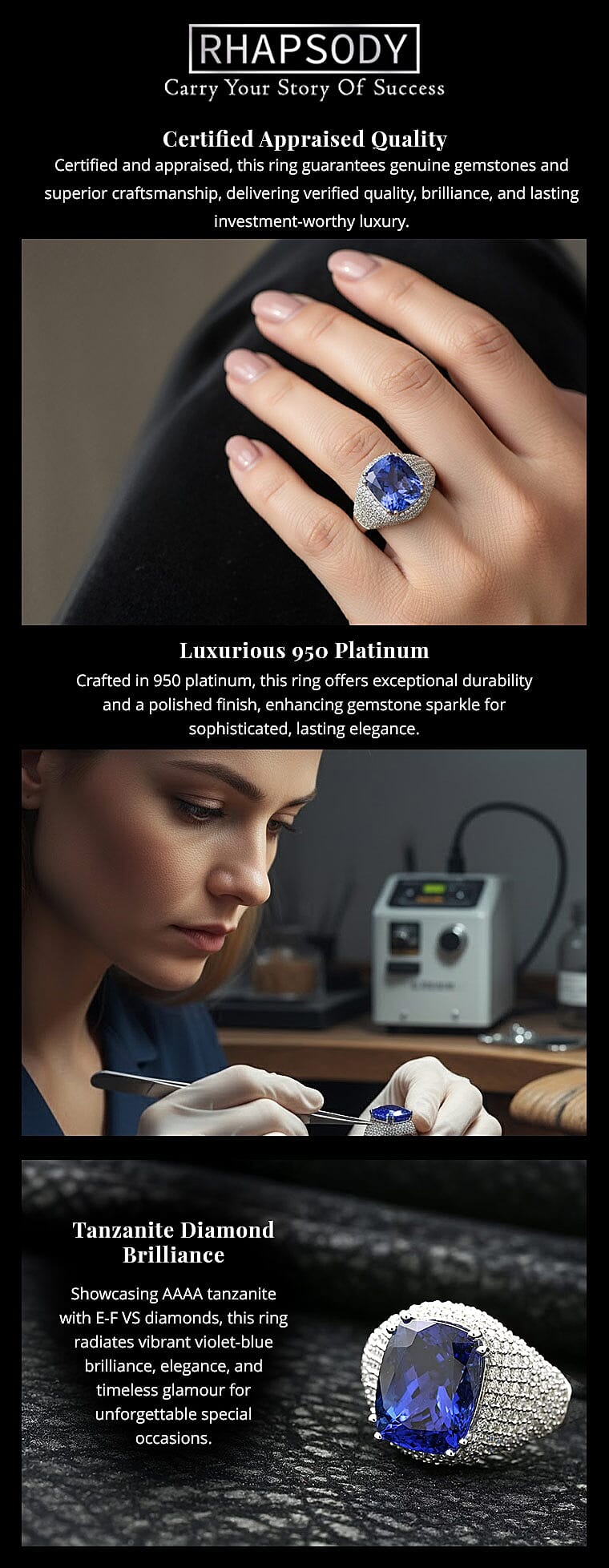 Certified & Appraised Rhapsody 950 Platinum AAAA Tanzanite and E-F VS Diamond Ring 9.35 Grams 6.65 ctw Banner