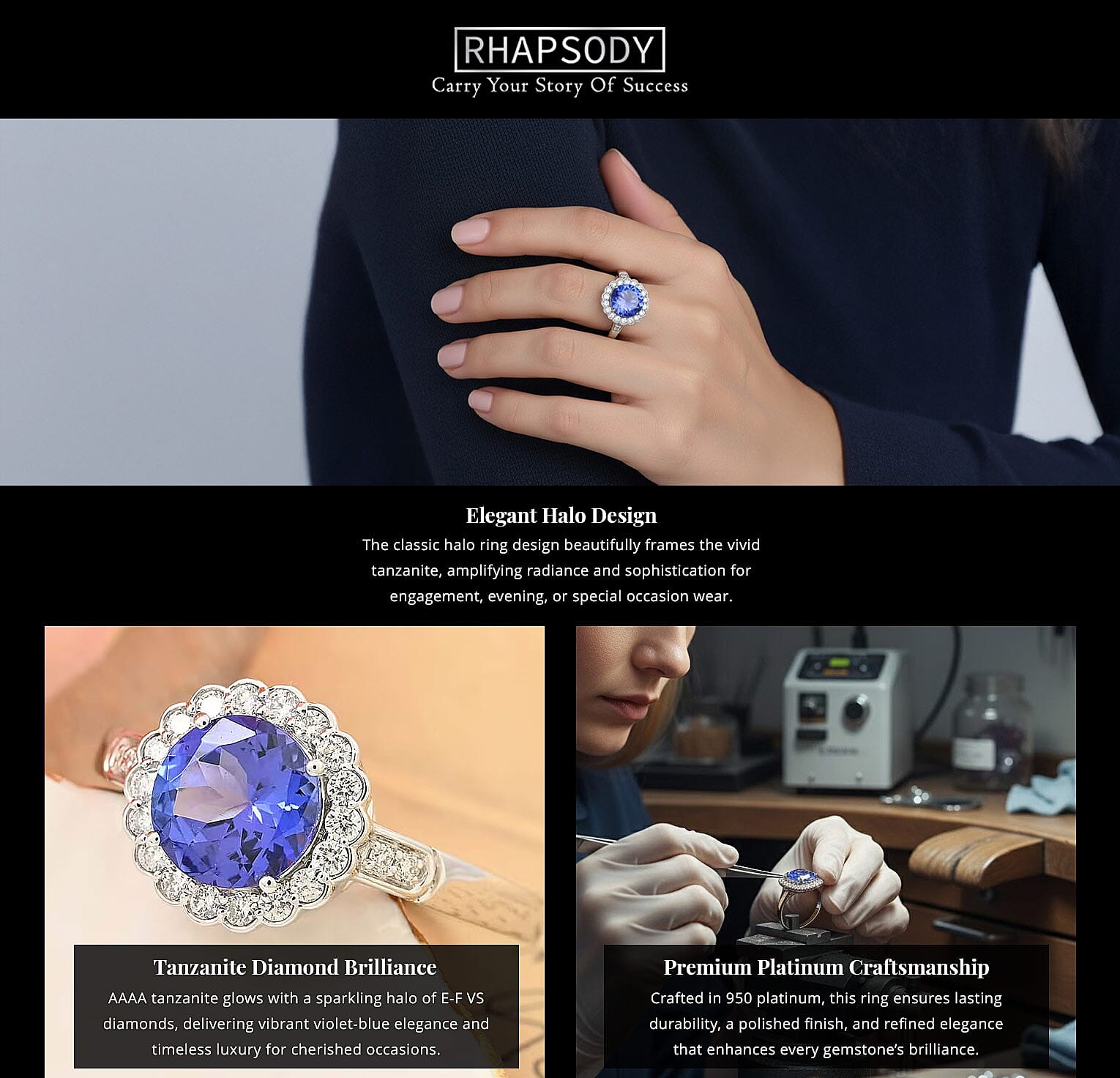 Certified & Appraised Rhapsody 950 Platinum AAAA Tanzanite, Diamond (E-F, VS) (0.32 cts) Ring (5.06 g) 2.10 ctw Banner