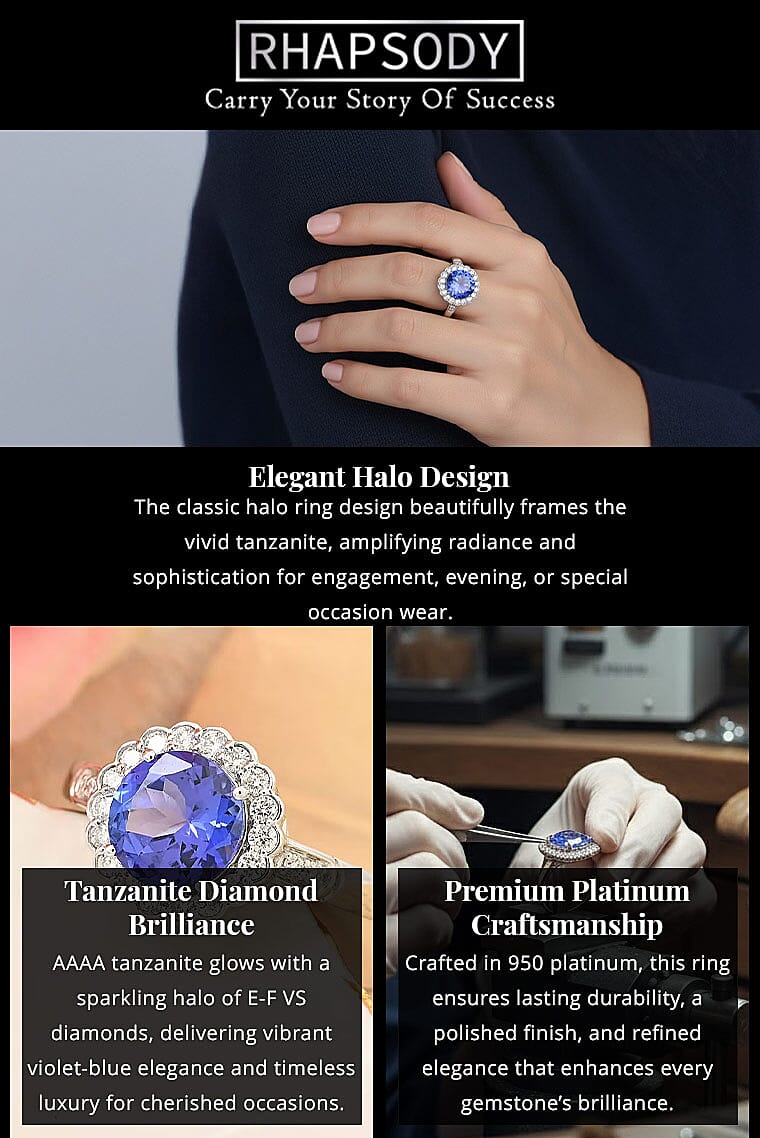 Certified & Appraised Rhapsody 950 Platinum AAAA Tanzanite, Diamond (E-F, VS) (0.32 cts) Ring (5.06 g) 2.10 ctw Banner