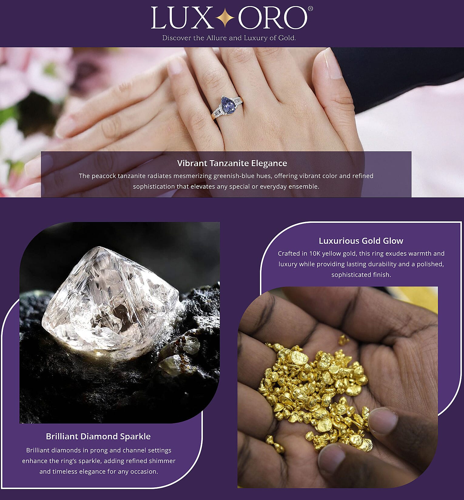 Luxoro 10K Yellow Gold Premium Peacock Tanzanite and G-H I2 Diamond Ring 4.10 Grams 2.35 ctw Banner