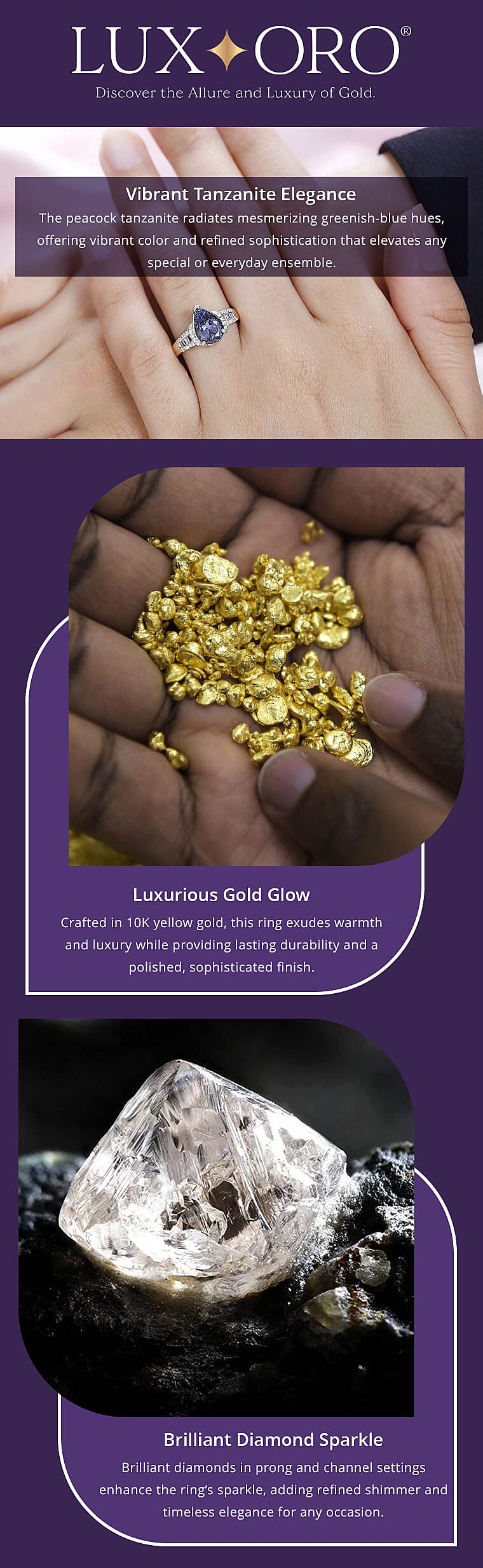Luxoro 10K Yellow Gold Premium Peacock Tanzanite and G-H I2 Diamond Ring 4.10 Grams 2.35 ctw Banner