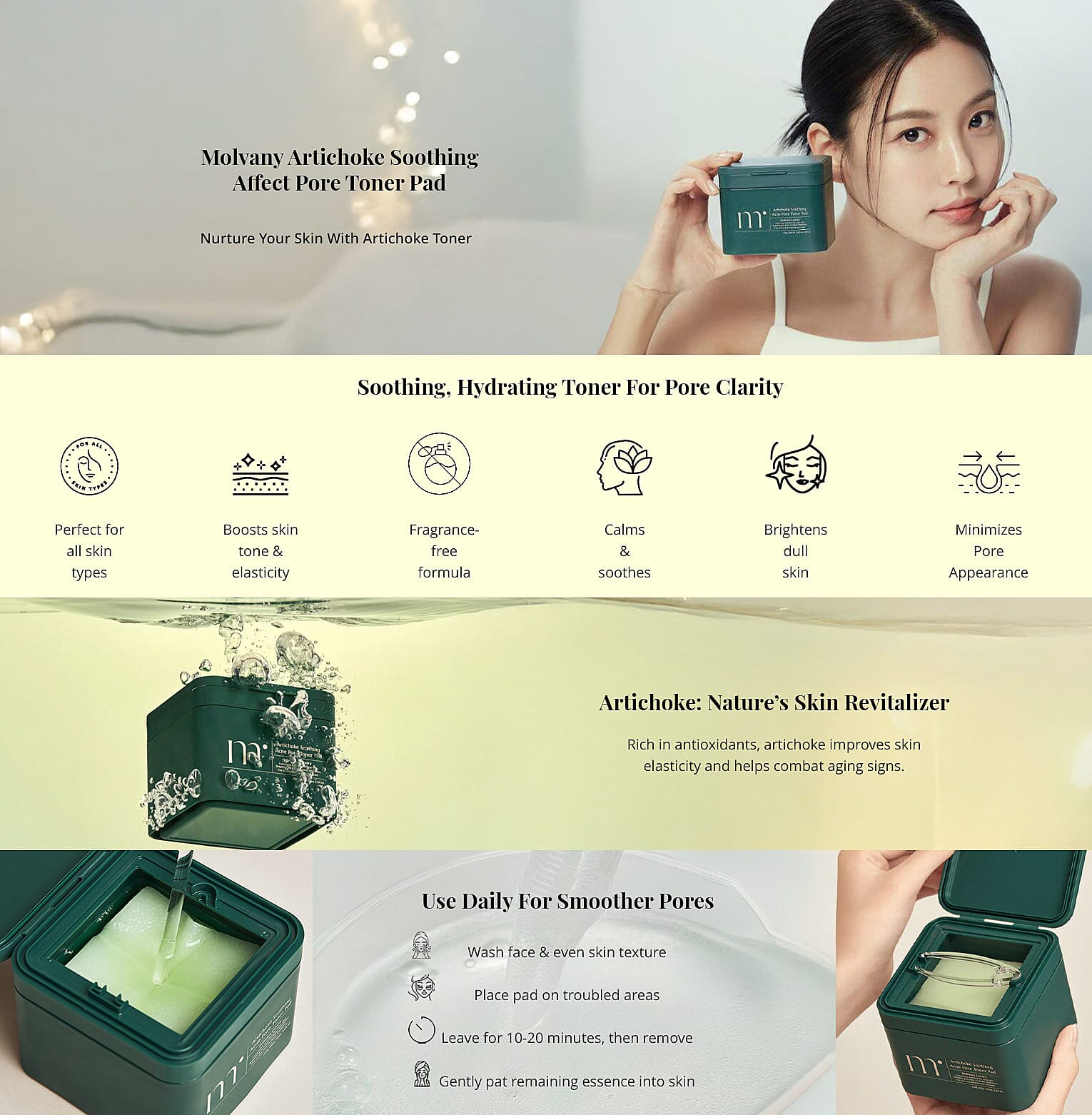 Molvany Artichoke Soothing Affect Pore Toner Pad Banner