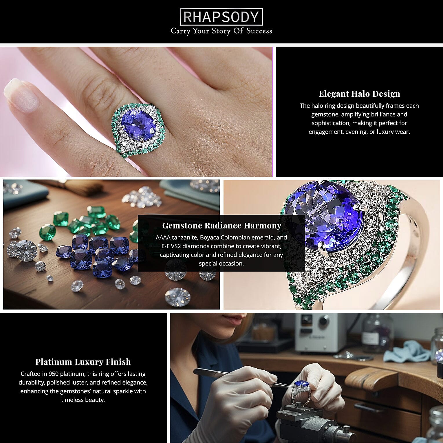 Rhapsody 950 Platinum AAAA Tanzanite, Boyaca Colombian Emerald and E-F VS2 Diamond Ring 8.55 Grams 5.90 ctw Banner