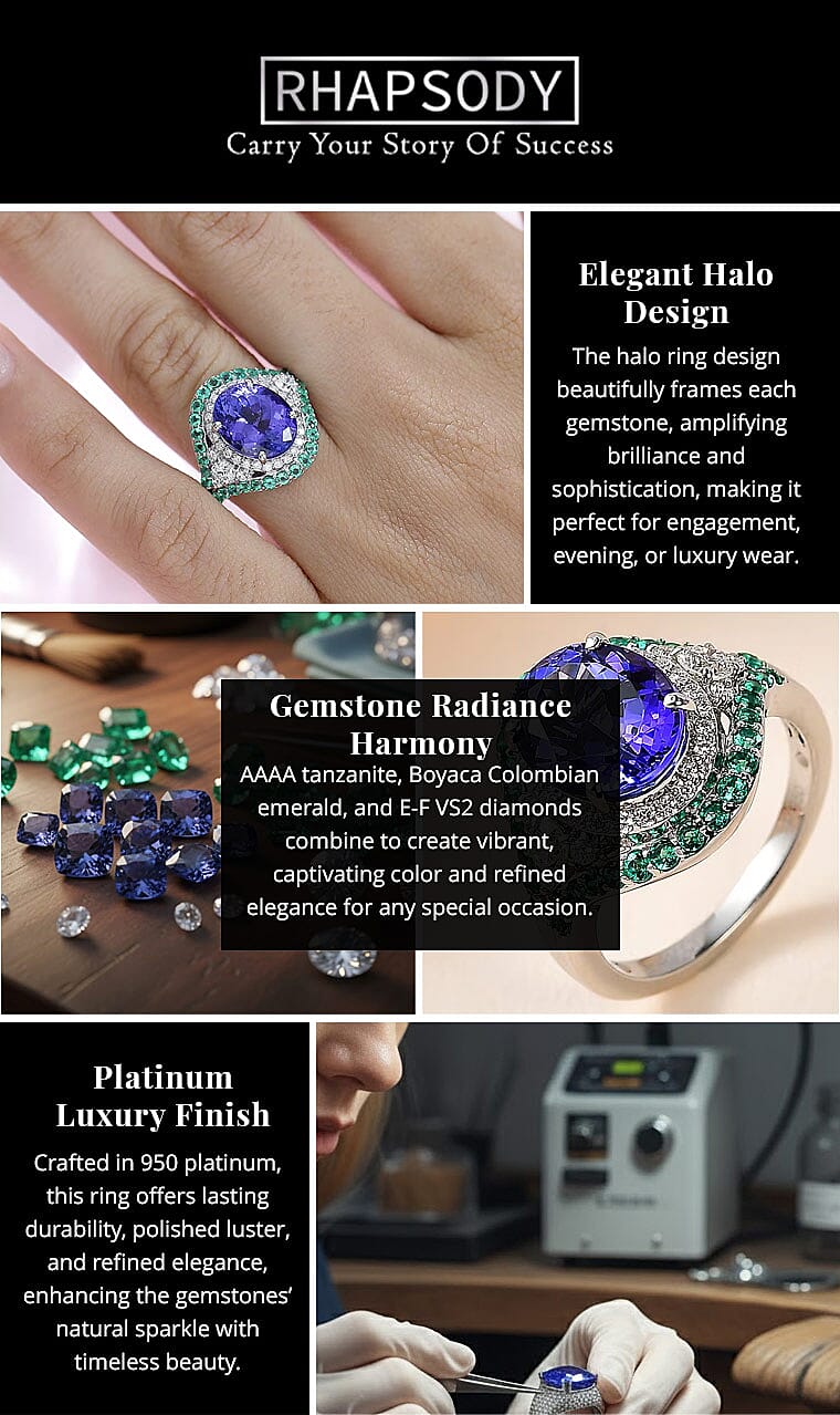 Rhapsody 950 Platinum AAAA Tanzanite, Boyaca Colombian Emerald and E-F VS2 Diamond Ring 8.55 Grams 5.90 ctw Banner