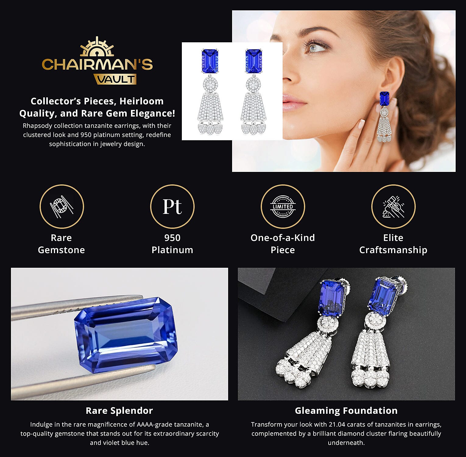 Chairman Vault Collection Certified & Appraised Rhapsody 950 Platinum AAAA Tanzanite and E-F VS Diamond Earrings Banner