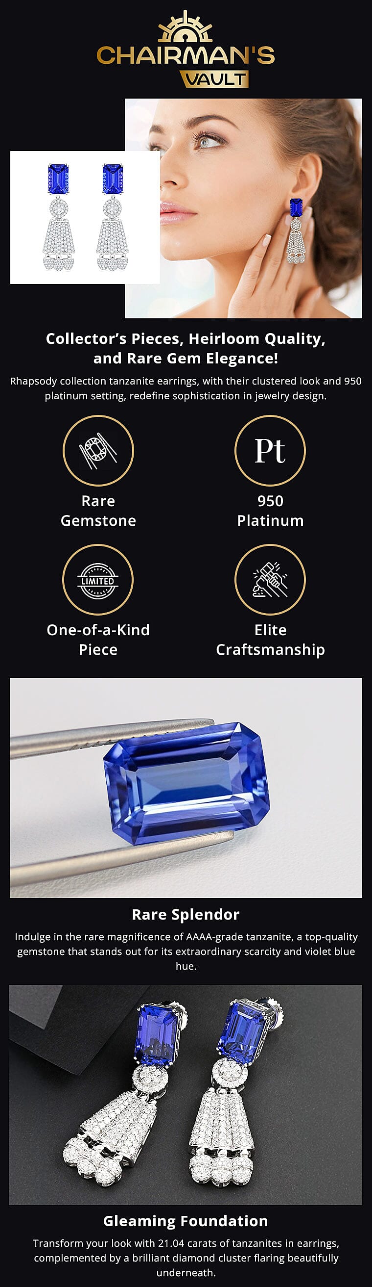 Chairman Vault Collection Certified & Appraised Rhapsody 950 Platinum AAAA Tanzanite and E-F VS Diamond Earrings Banner