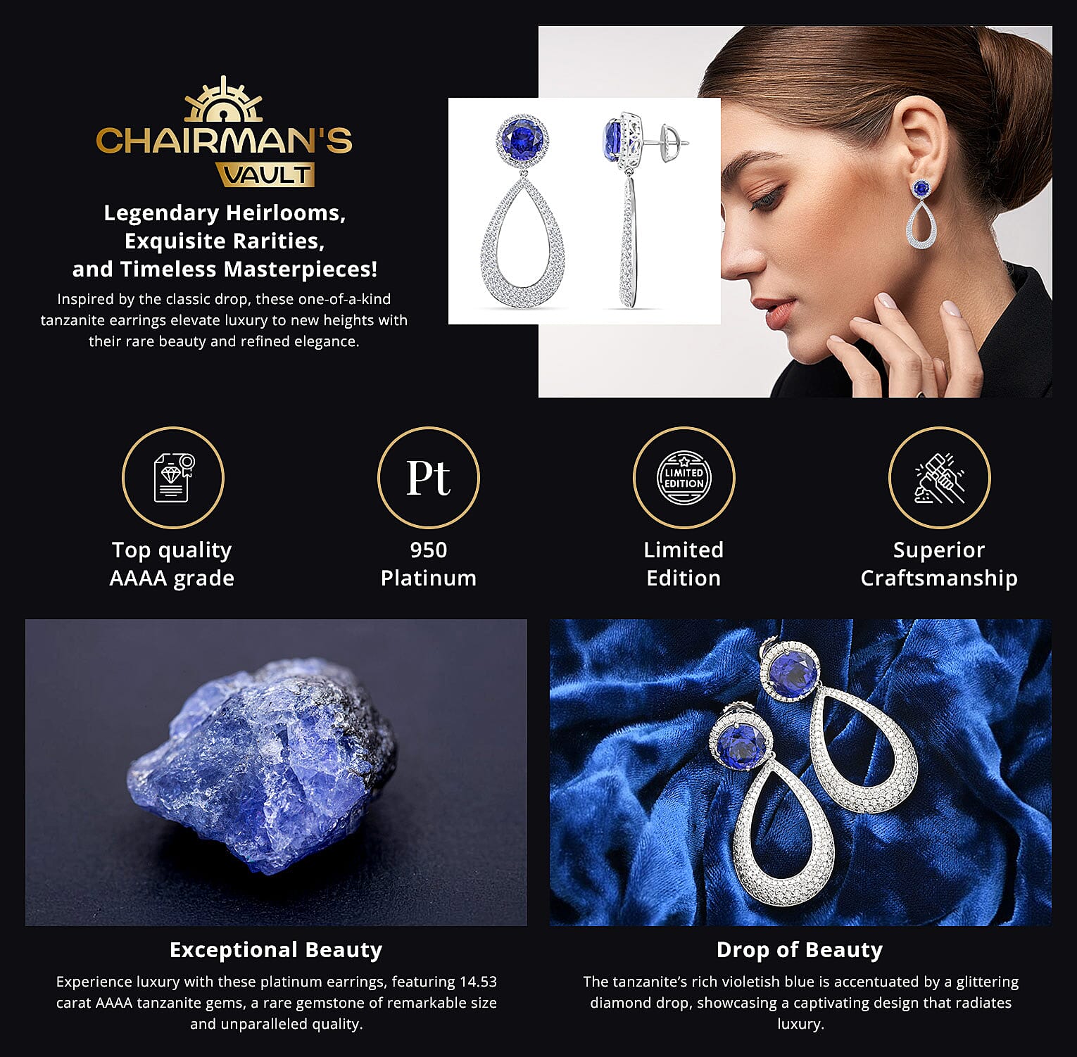 Chairman Vault Rhapsody 950 Platinum AAAA Tanzanite and Diamond Earring Banner