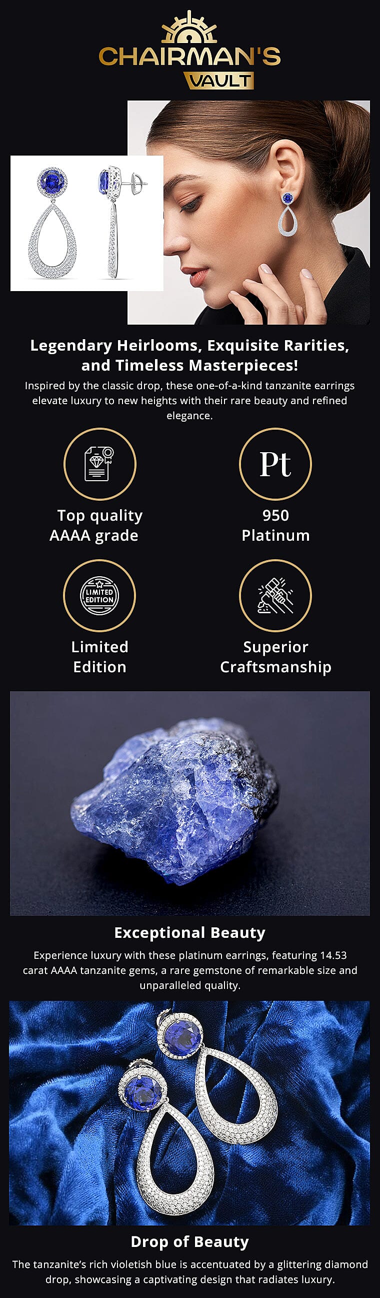 Chairman Vault Rhapsody 950 Platinum AAAA Tanzanite and Diamond Earring Banner