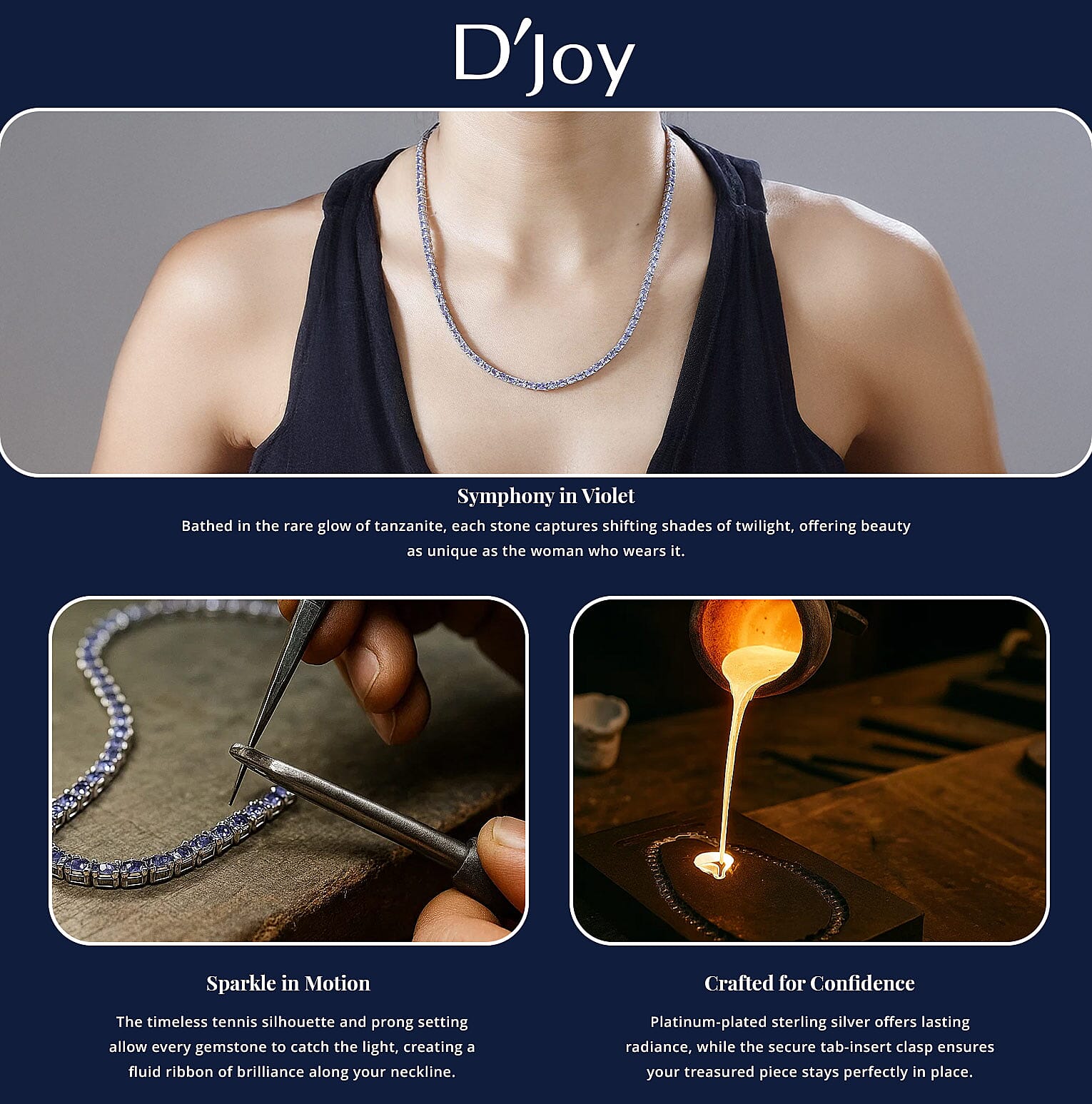 D'Joy Premium Tanzanite 17.70 ctw Tennis Necklace Platinum Over Sterling Silver 18 Inches Banner