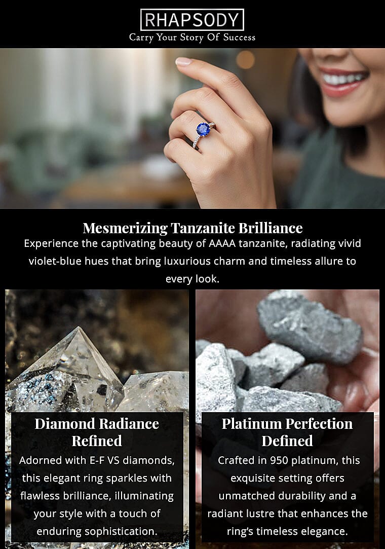 Certified & Appraised Rhapsody 950 Platinum AAAA Tanzanite and E-F VS Diamond Ring 4.70 Grams 2.75 ctw (Del. in 10-15 Days) Banner
