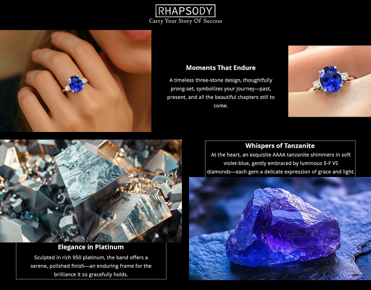 Certified & Appraised Rhapsody AAAA Tanzanite and E-F VS Diamond 3.10 ctw Ring in 950 Platinum 5.40 Grams Banner