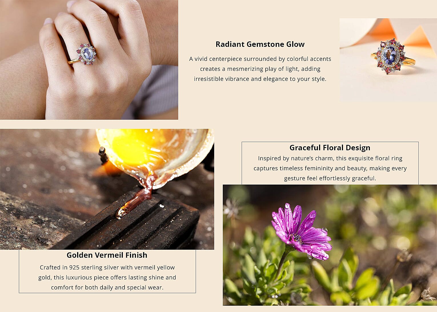 Tanzanite and Multi Gemstone Floral Ring in Vermeil Yellow Gold Over Sterling Silver 2.20 ctw Banner