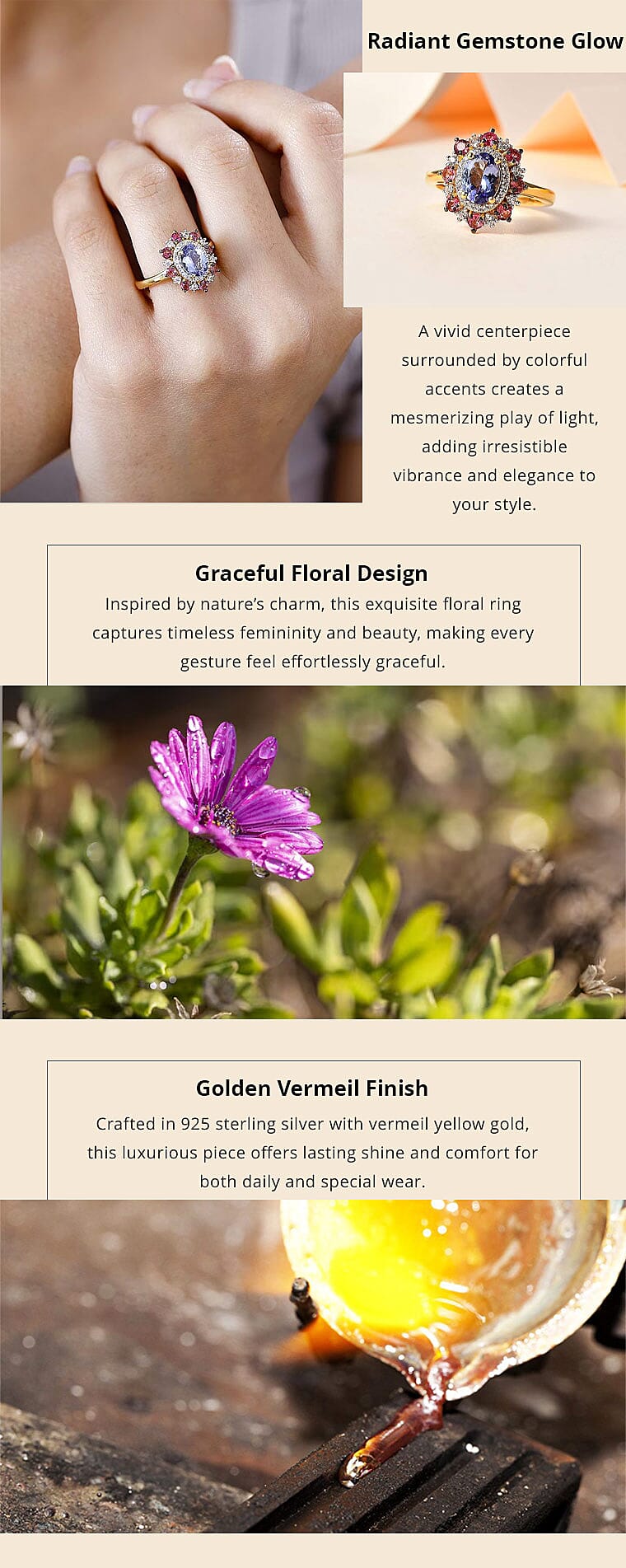 Tanzanite and Multi Gemstone Floral Ring in Vermeil Yellow Gold Over Sterling Silver 2.20 ctw Banner