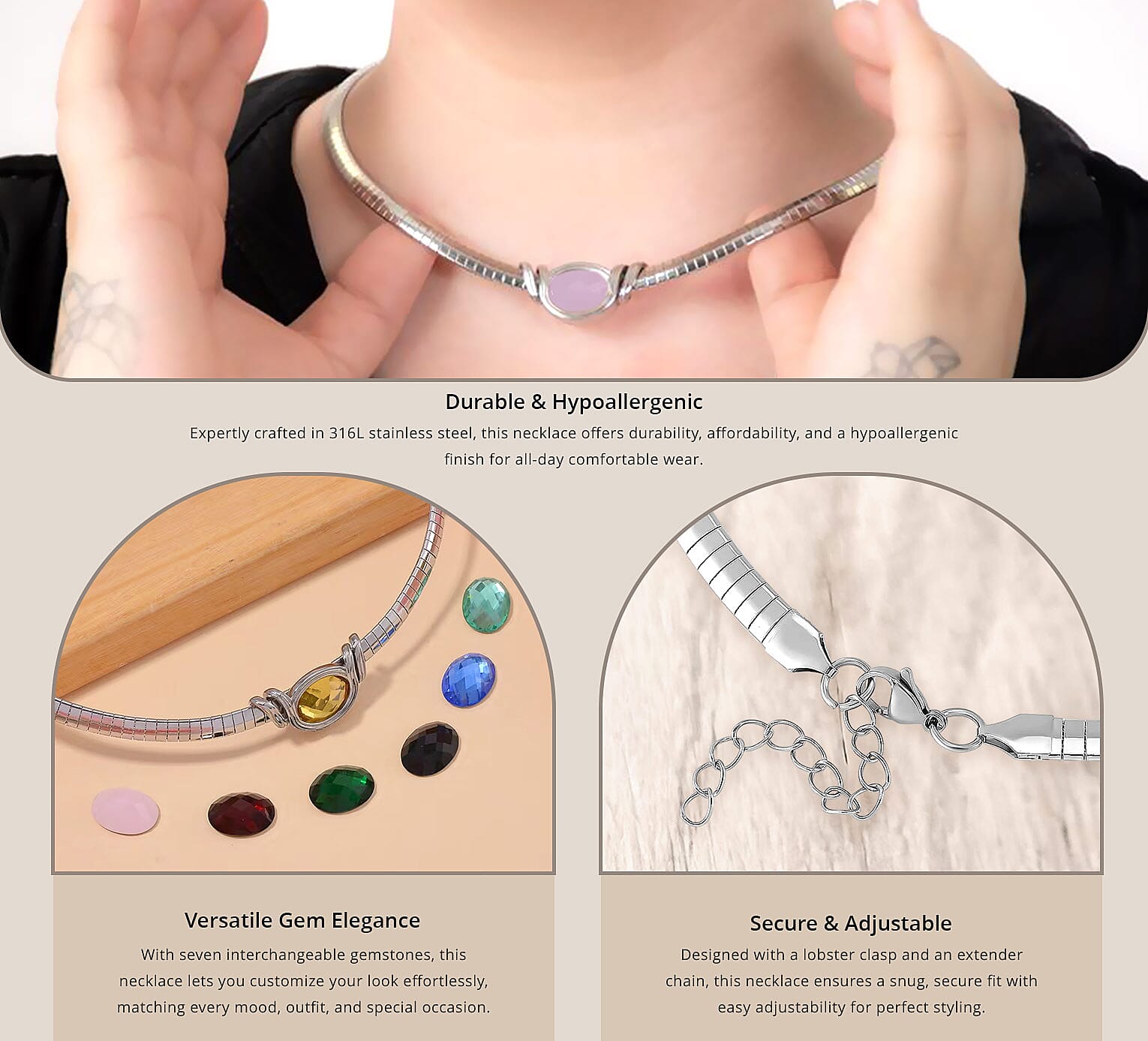 7pcs Interchangeable Simulated Multi Gemstone Omega Chain Necklace in Stainless Steel Banner