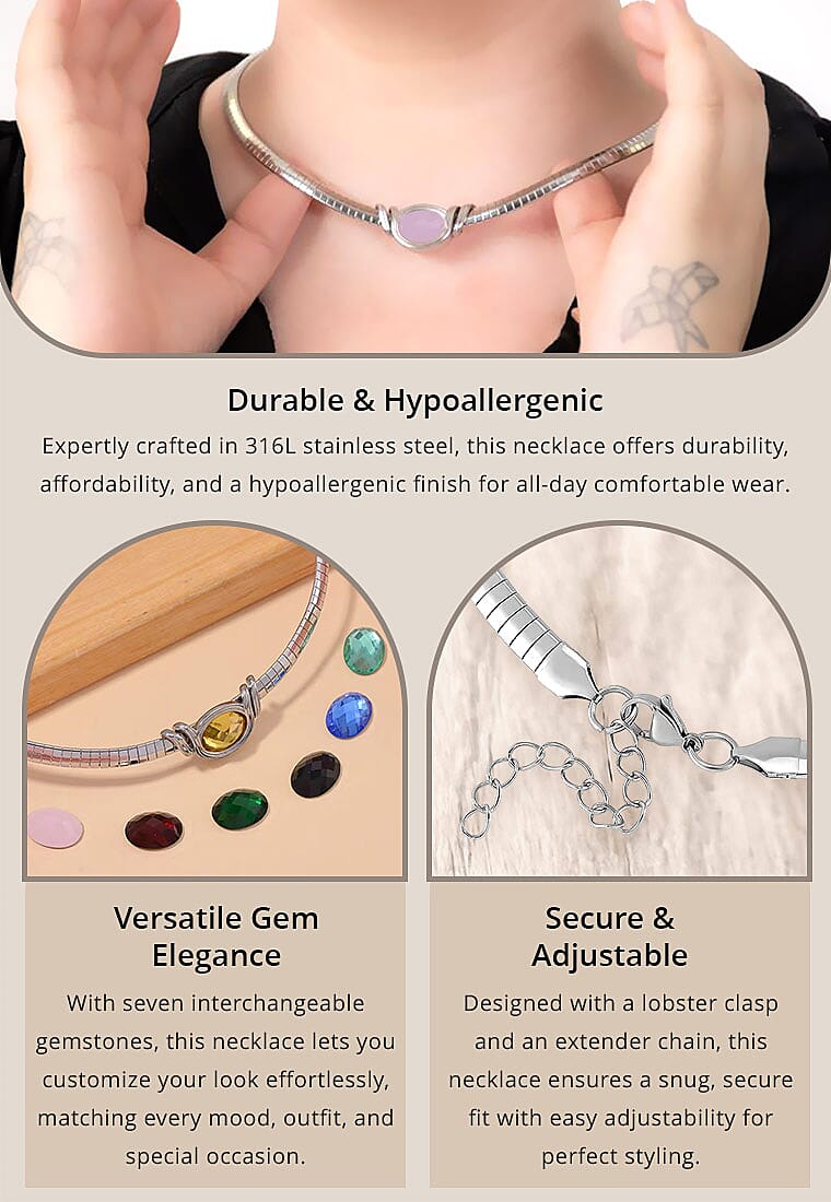 7pcs Interchangeable Simulated Multi Gemstone Omega Chain Necklace in Stainless Steel Banner