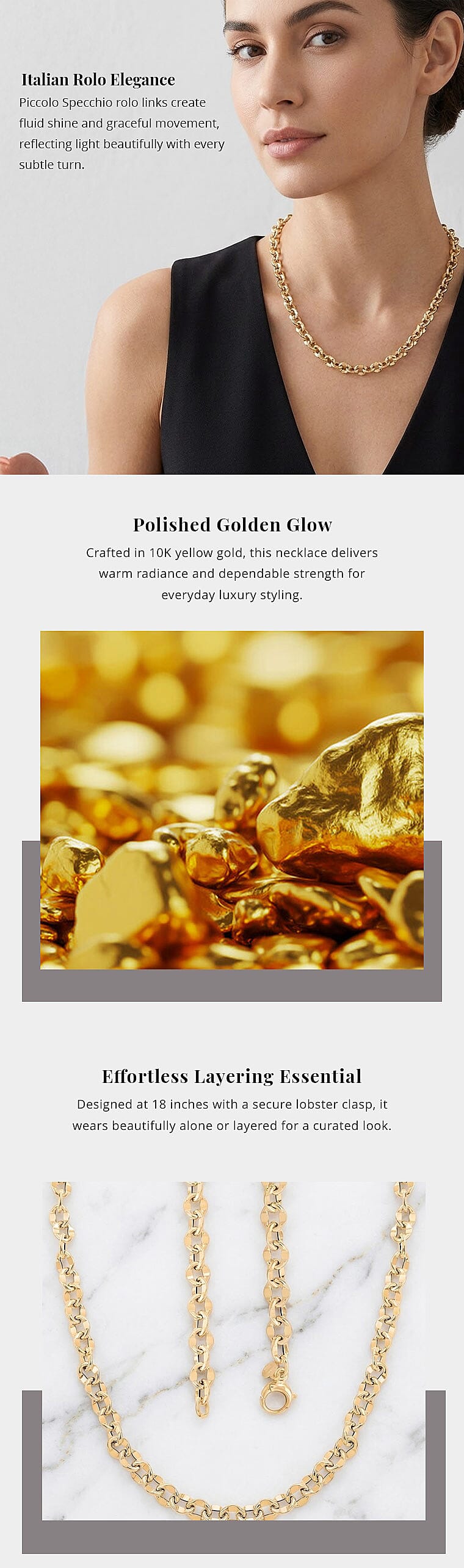 Piccolo Specchio Rolo Italian 10K Yellow Gold Chain Necklace 18 Inches 7.30 Grams Banner