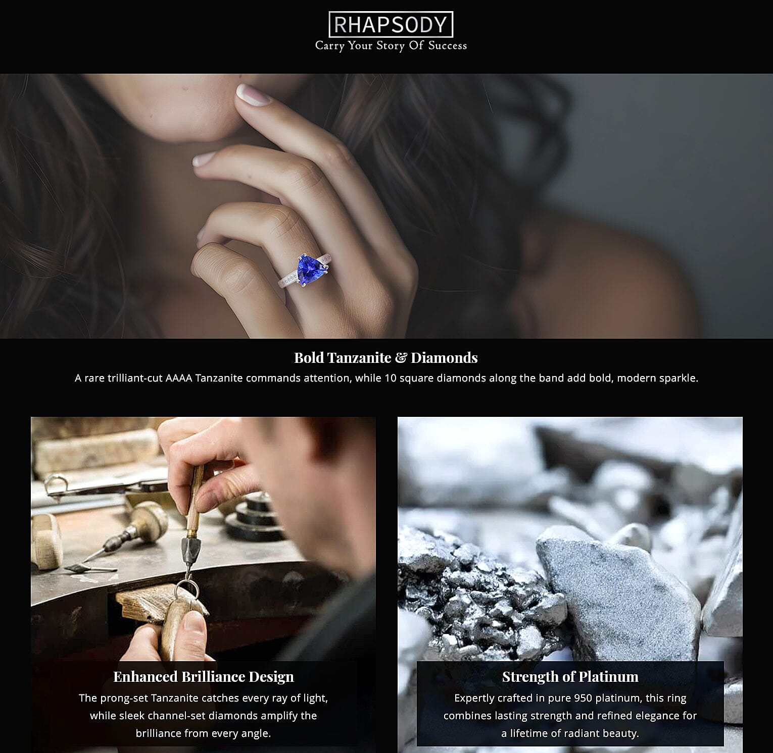 Certified and Appraised Rhapsody 950 Platinum AAAA Tanzanite and E-F VS Diamond Ring Banner