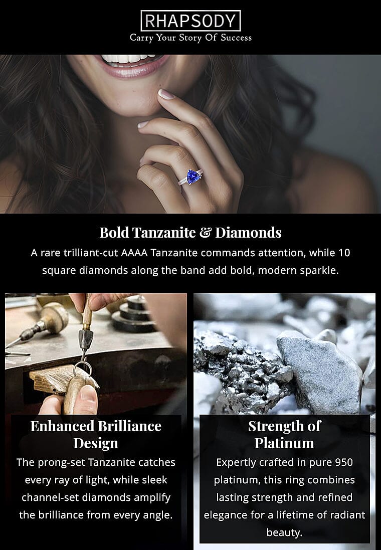 Certified and Appraised Rhapsody 950 Platinum AAAA Tanzanite and E-F VS Diamond Ring Banner