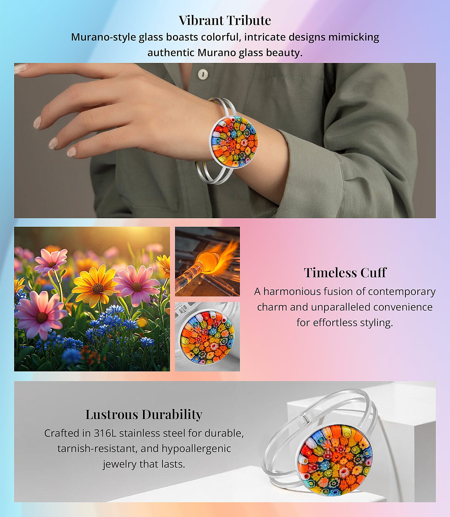 Multi Color Murano Style Bangle Bracelet in Stainless Steel Banner