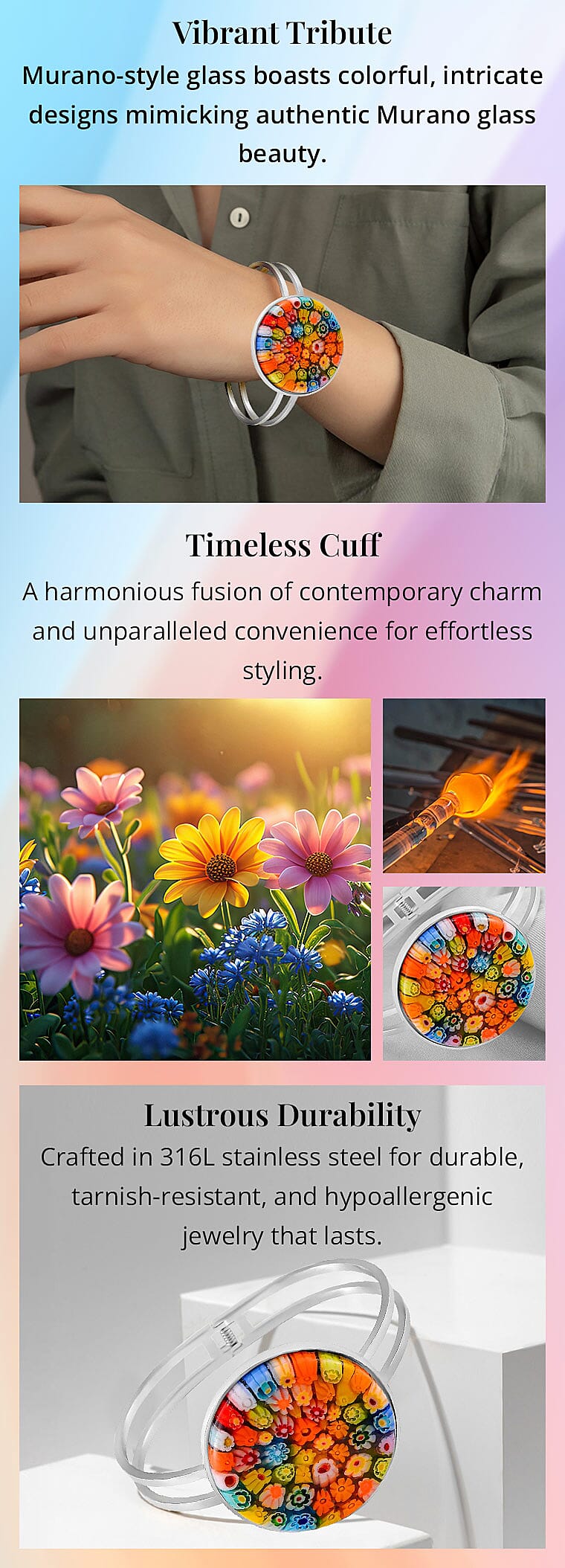 Multi Color Murano Style Bangle Bracelet in Stainless Steel Banner