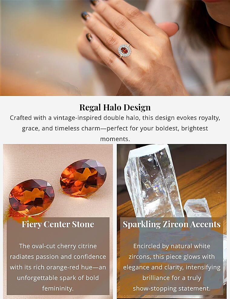 Brazilian Cherry Citrine and White Zircon Double Halo Ring in Vermeil Yellow Gold Over Sterling Silver Banner