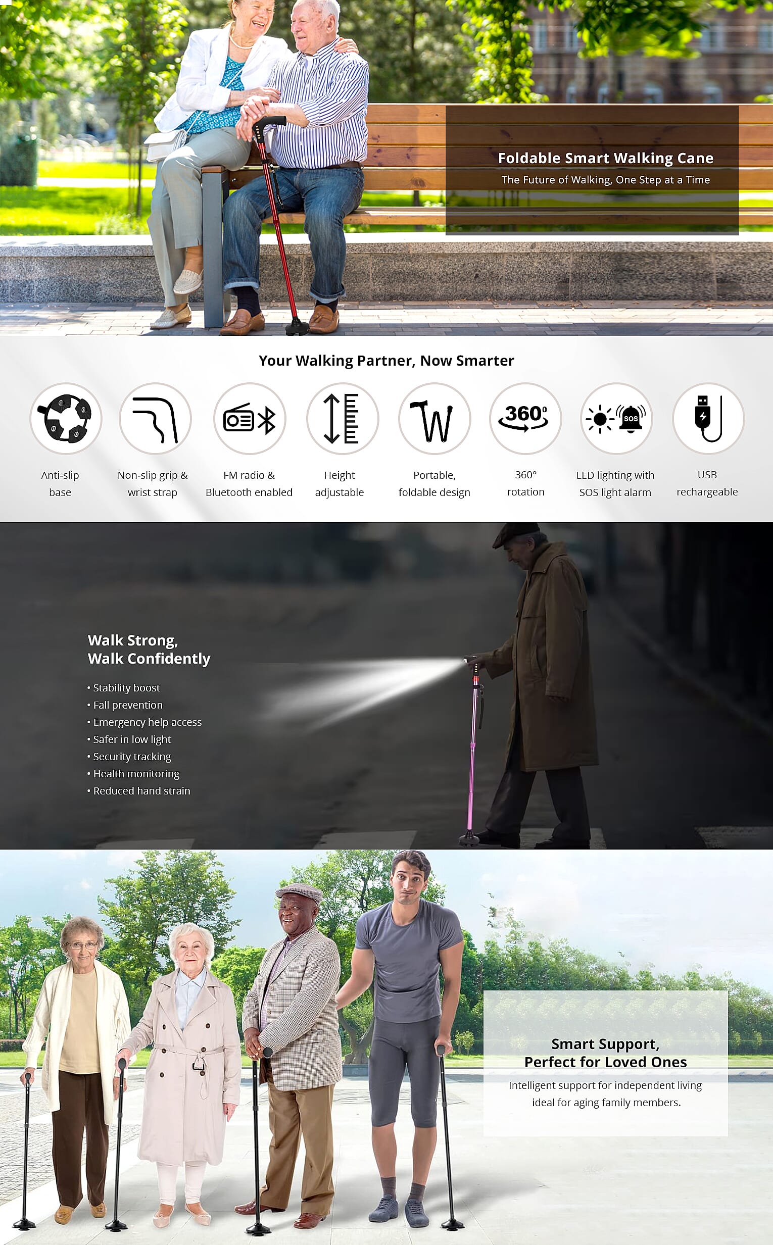 Soulsmart Black Foldable Smart Bluetooth Walking Cane with LED Light, Alarm and FM Radio Banner