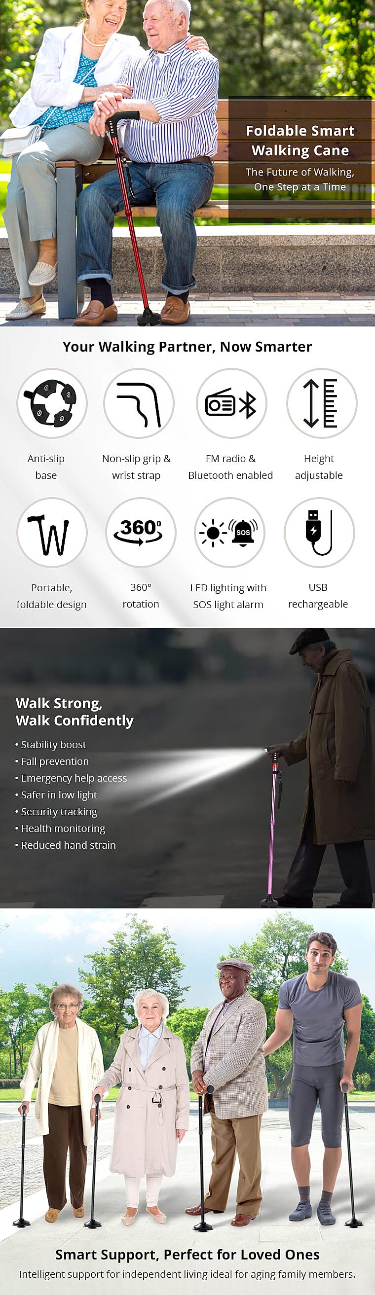 Soulsmart Black Foldable Smart Bluetooth Walking Cane with LED Light, Alarm and FM Radio Banner