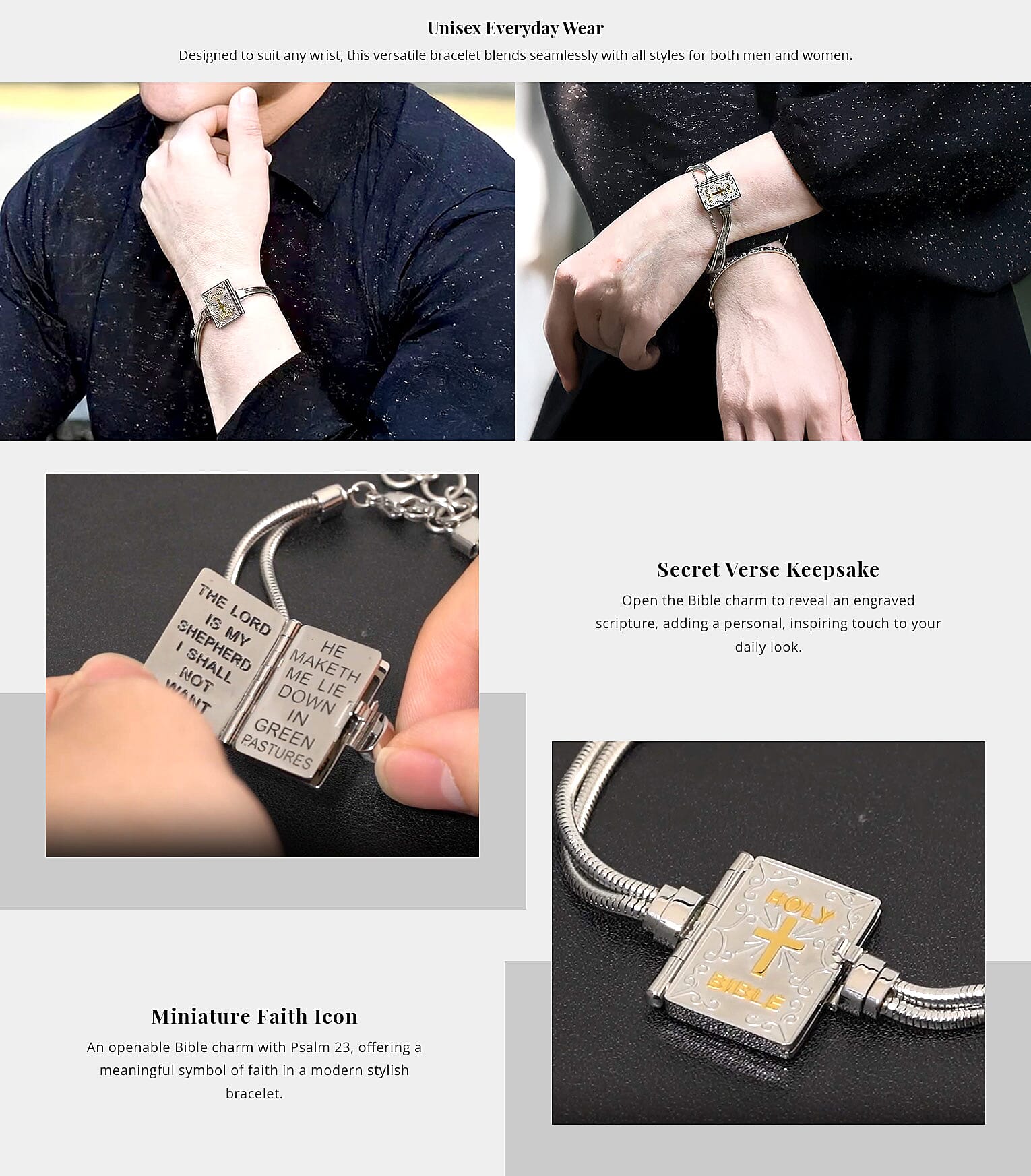 Bible Book Charm Bracelet in ION Plated YG and Stainless Steel Banner