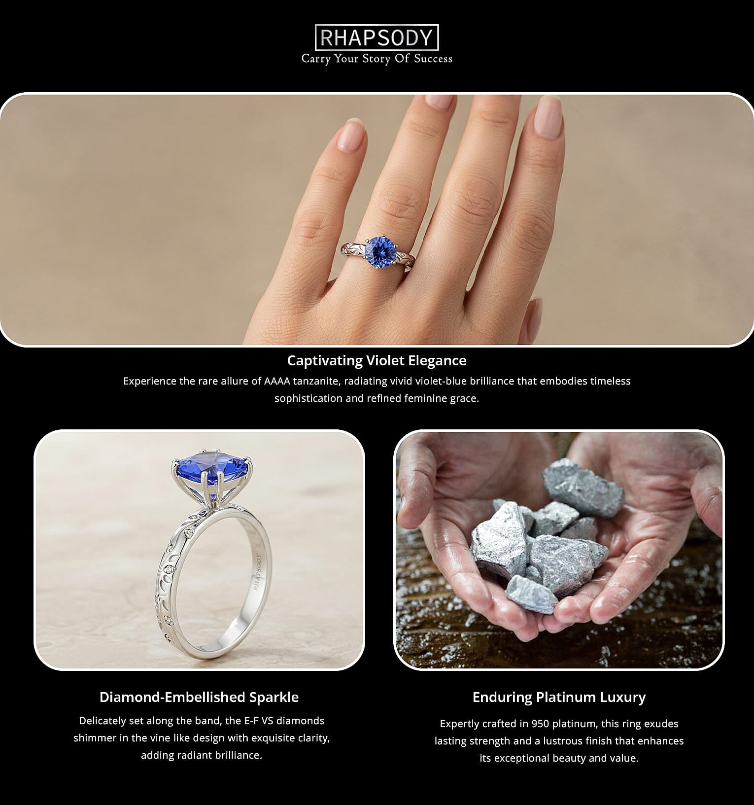 Certified & Appraised Rhapsody AAAA Tanzanite and E-F VS Diamond 2.50 ctw Ring in 950 Platinum 6.25 Grams Banner