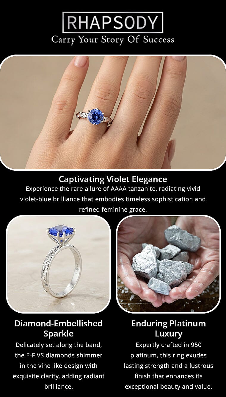 Certified & Appraised Rhapsody AAAA Tanzanite and E-F VS Diamond 2.50 ctw Ring in 950 Platinum 6.25 Grams Banner