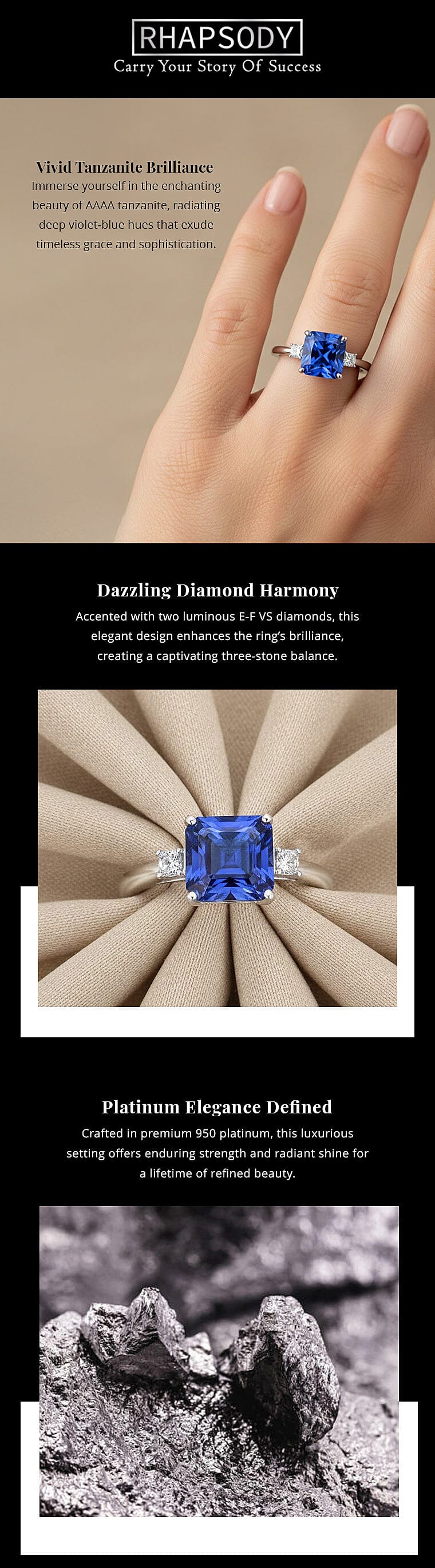 Certified & Appraised Rhapsody Asscher Cut AAAA Tanzanite and E-F VS Diamond 3.00 ctw Ring in 950 Platinum 5.55 Grams Banner