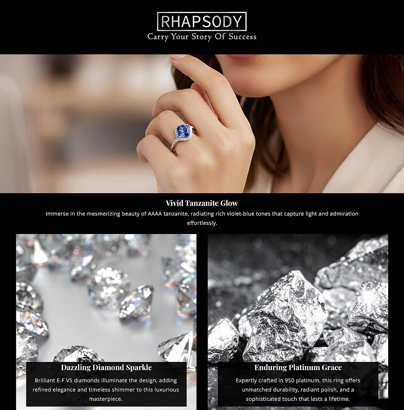 Certified & Appraised Rhapsody AAAA Tanzanite and E-F VS Diamond 2.00 ctw Ring in 950 Platinum 5.60 Grams Banner