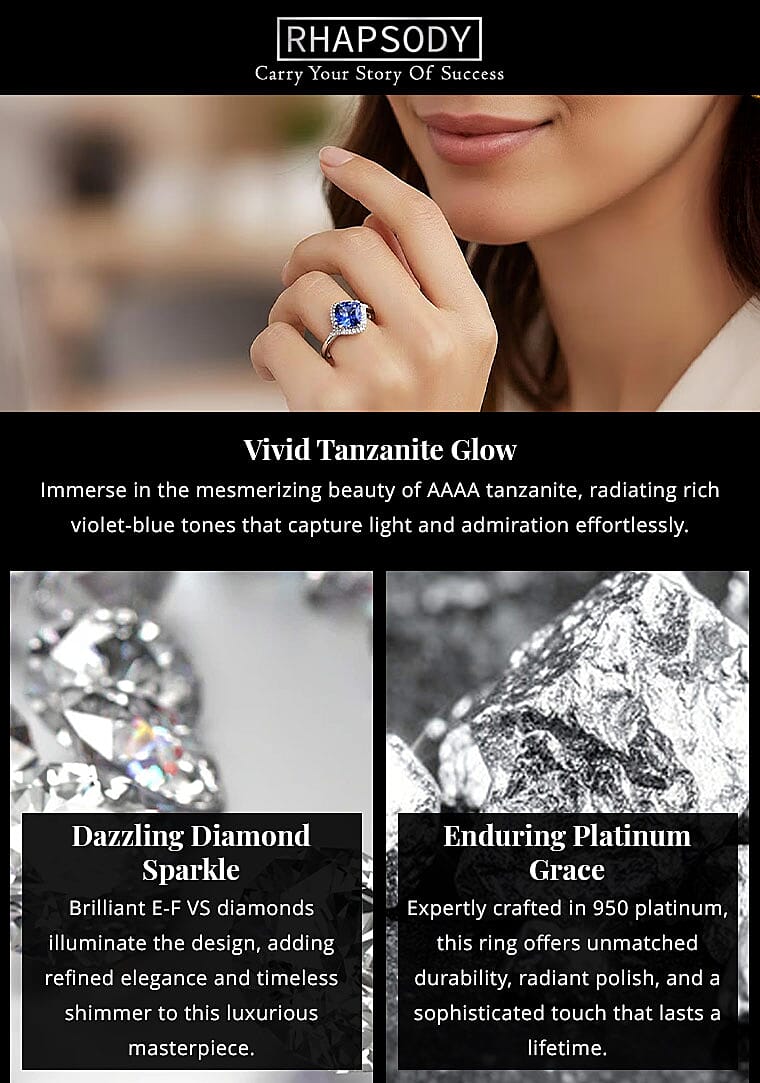 Certified & Appraised Rhapsody AAAA Tanzanite and E-F VS Diamond 2.00 ctw Ring in 950 Platinum 5.60 Grams Banner