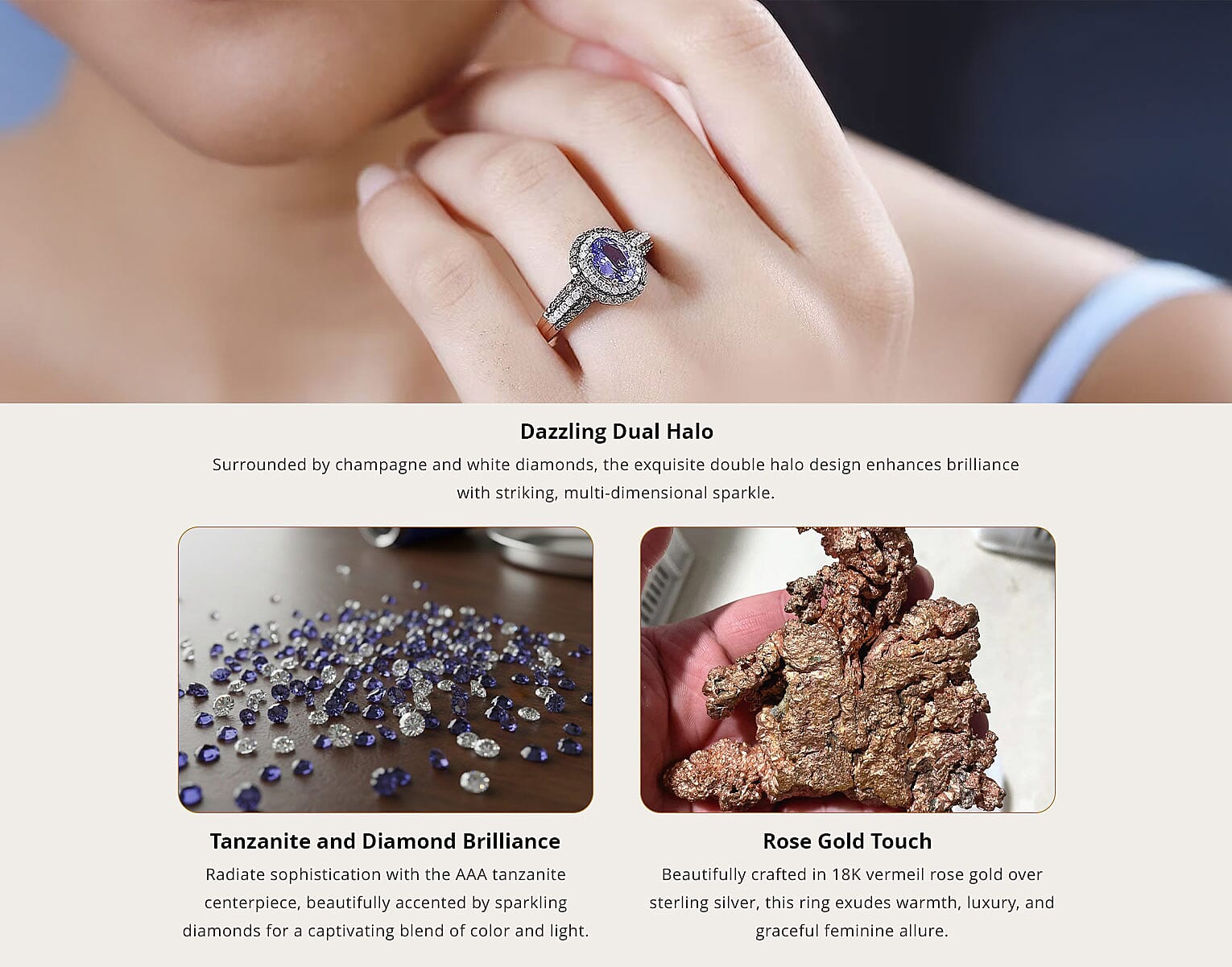 AAA Tanzanite, Natural Champagne and White Diamond Double Halo Ring in 18K Vermeil Rose Gold Over Sterling Silver 1.60 ctw Banner