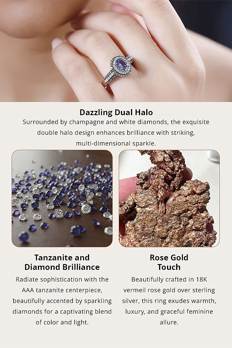AAA Tanzanite, Natural Champagne and White Diamond Double Halo Ring in 18K Vermeil Rose Gold Over Sterling Silver 1.60 ctw Banner