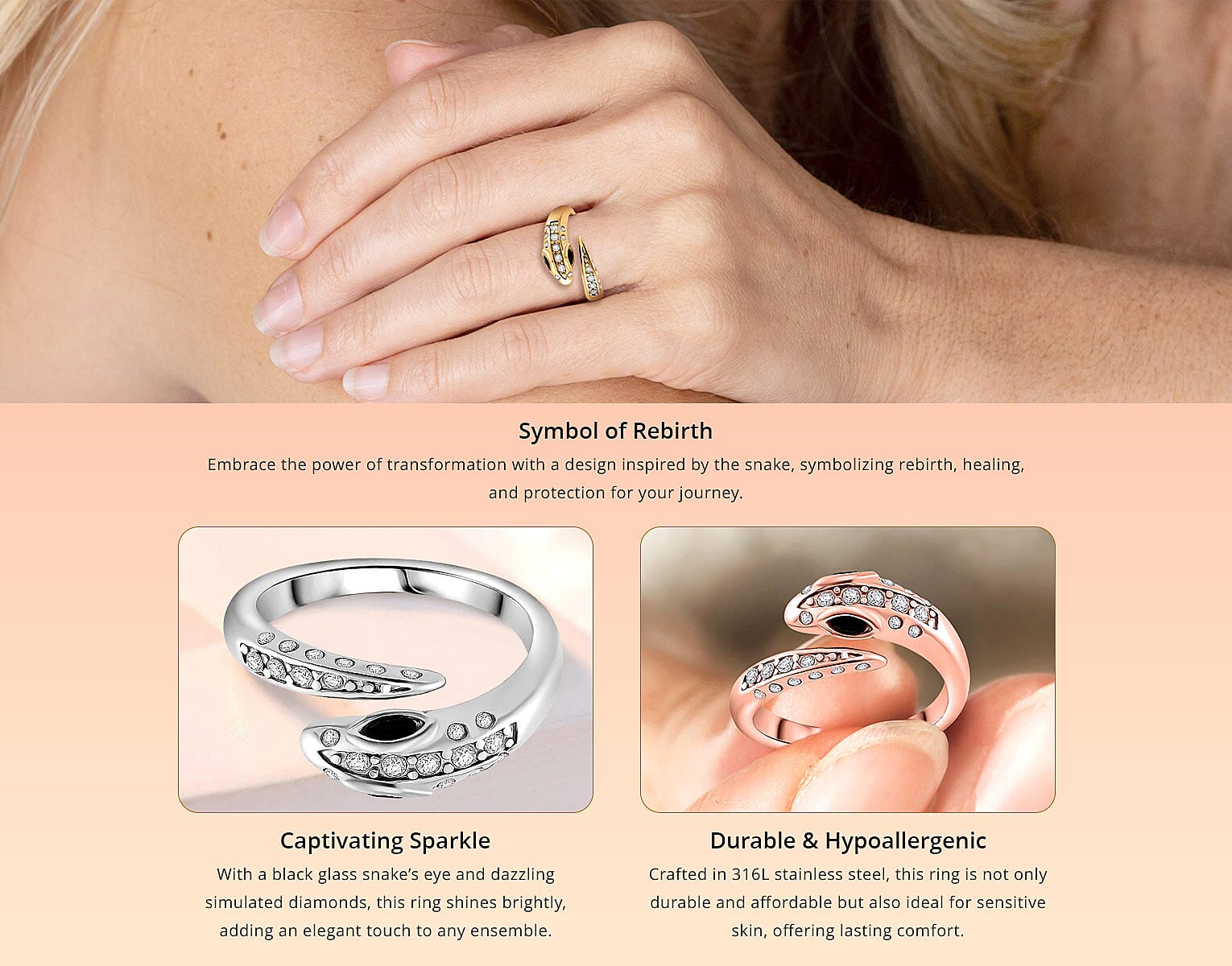 Black Glass and Simulated Diamond Snake Ring in Stainless Steel Banner