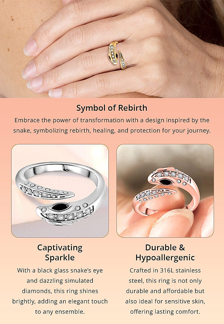 Black Glass and Simulated Diamond Snake Ring in Stainless Steel Banner