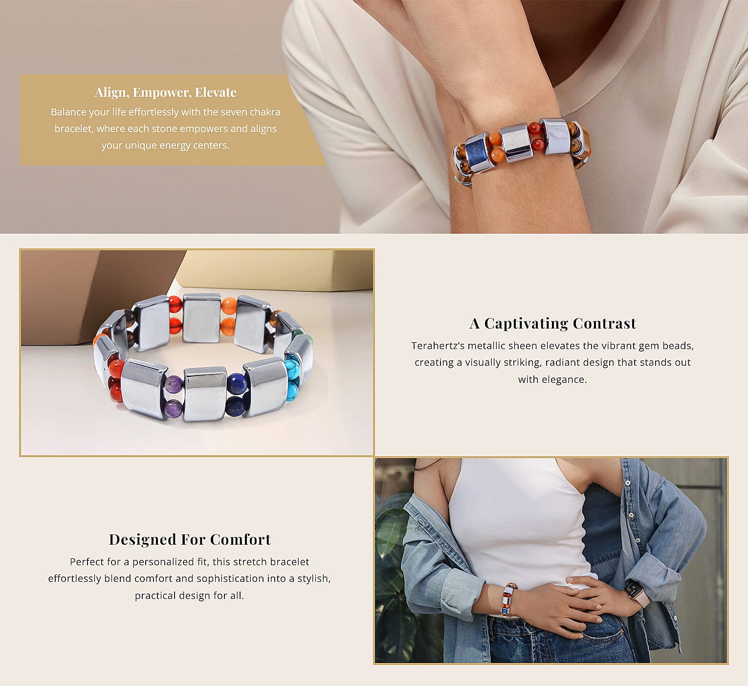 Terahertz and Multi Gemstone Seven Chakra Beaded Stretch Bracelet Banner