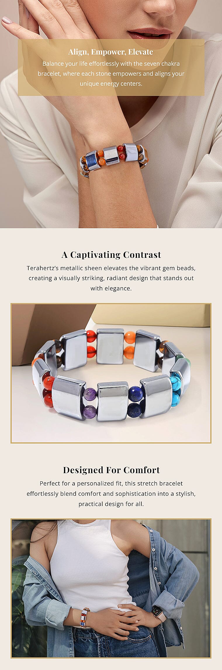 Terahertz and Multi Gemstone Seven Chakra Beaded Stretch Bracelet Banner