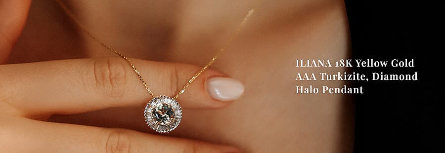 ILIANA 18K Yellow Gold AAA Turkizite, Diamond Halo Pendant Banner