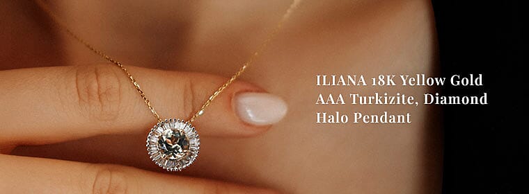 ILIANA 18K Yellow Gold AAA Turkizite, Diamond Halo Pendant Banner