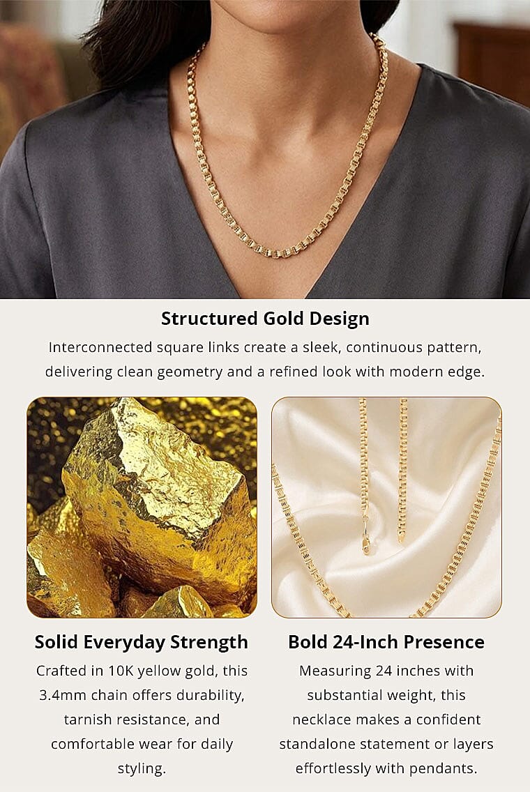 10K Yellow Gold 3.4mm Box Alexander Necklace 24 Inches 10.80 Grams Banner