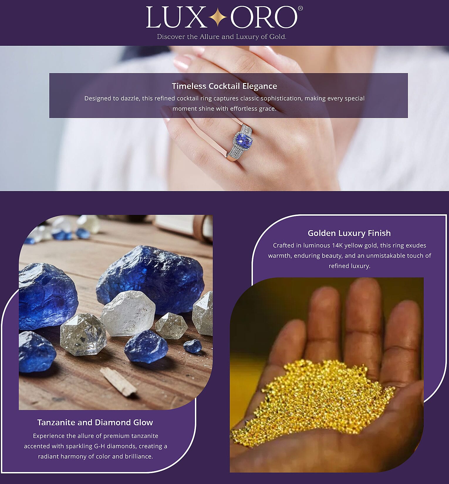 Luxoro Premium Tanzanite and G-H I2 Diamond 2.40 ctw Cocktail Ring in 14K Yellow Gold Banner